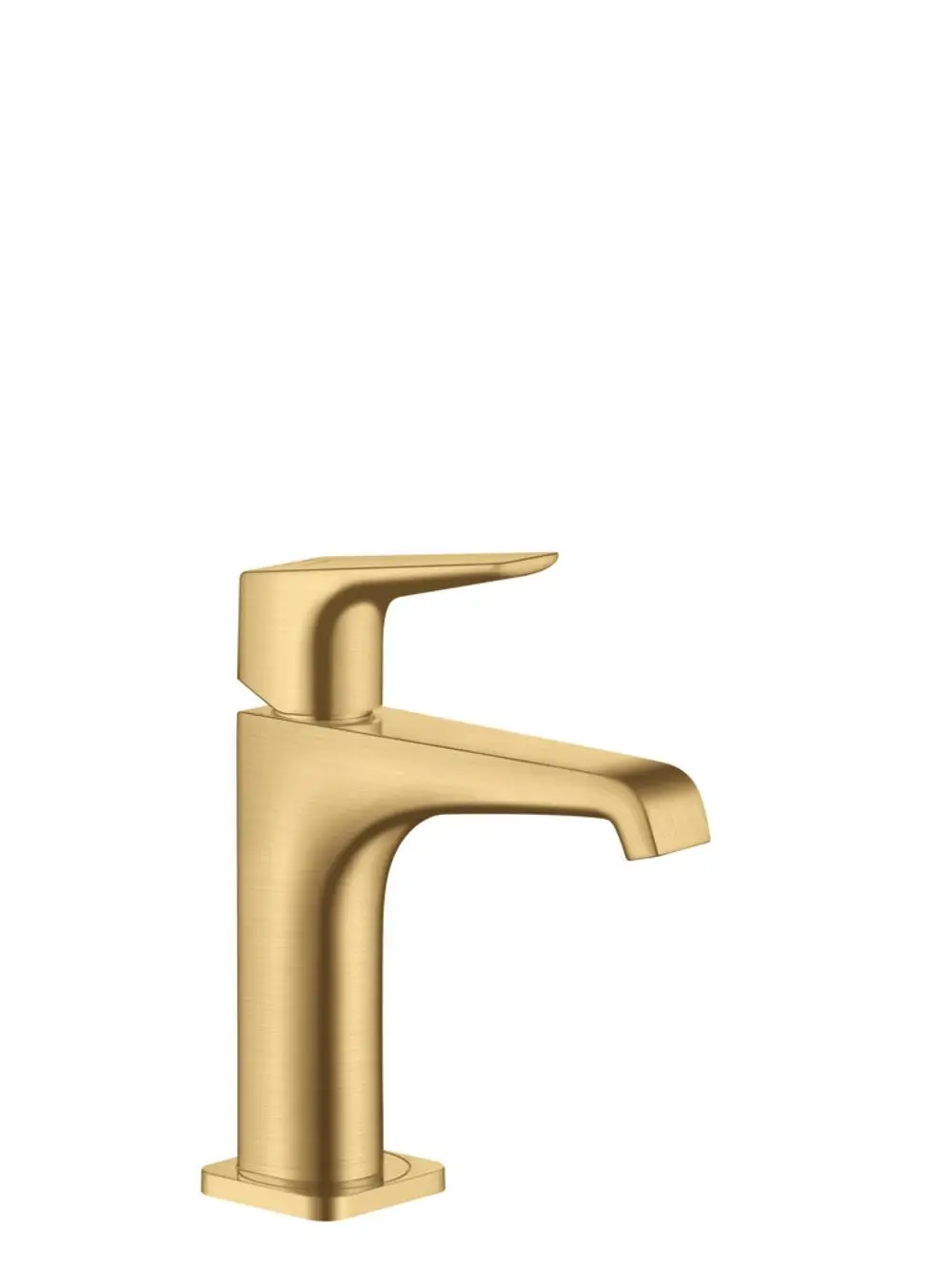 Ein Einhebel-Waschtischmischer in Brushed Gold Optic mit Hebelgriff und Ablaufgarnitur, designt von AXOR, zeigt eine moderne und funktionale Form.